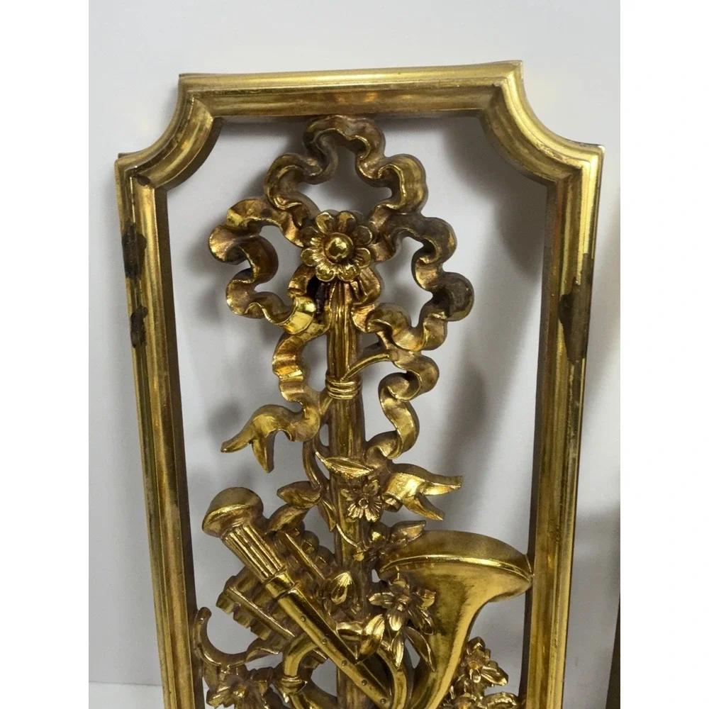 2 Syroco Homco Gold Musical Instrument Wall Plaques‎ 4863A 1964 Vintage Mid Mod